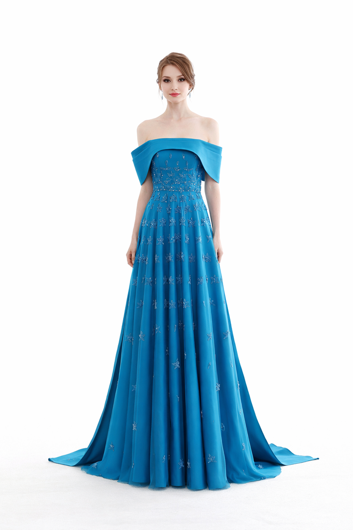 off-shoulder embroidered chiffon gown with cape train – OLIVIA