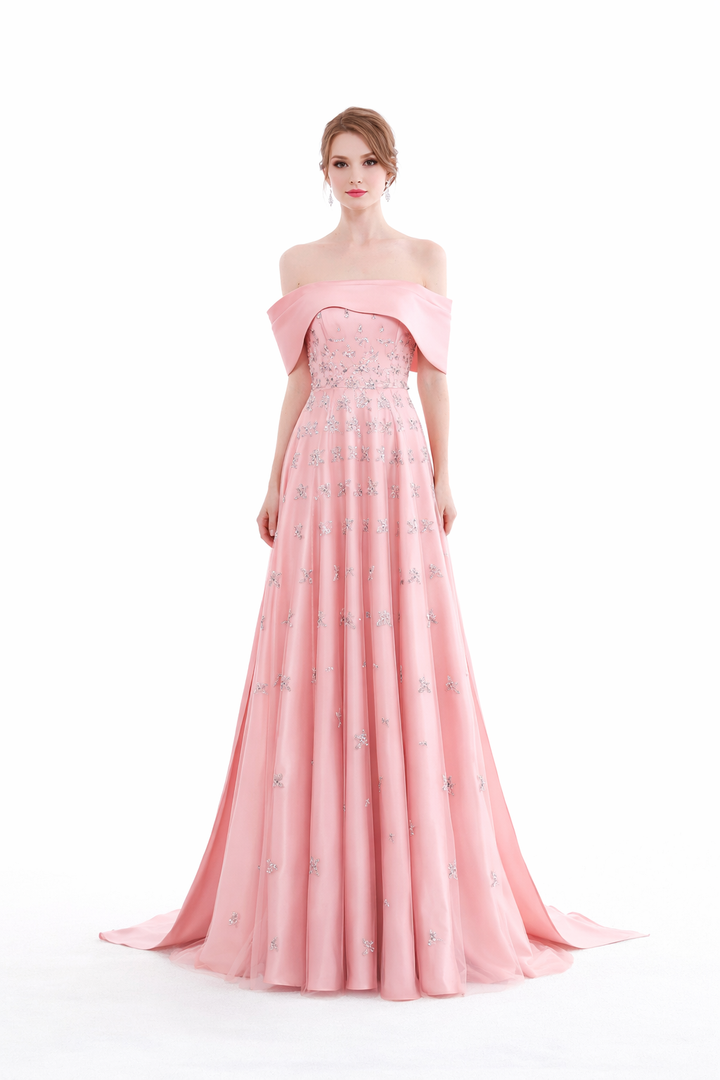 off-shoulder embroidered chiffon gown with cape train – OLIVIA