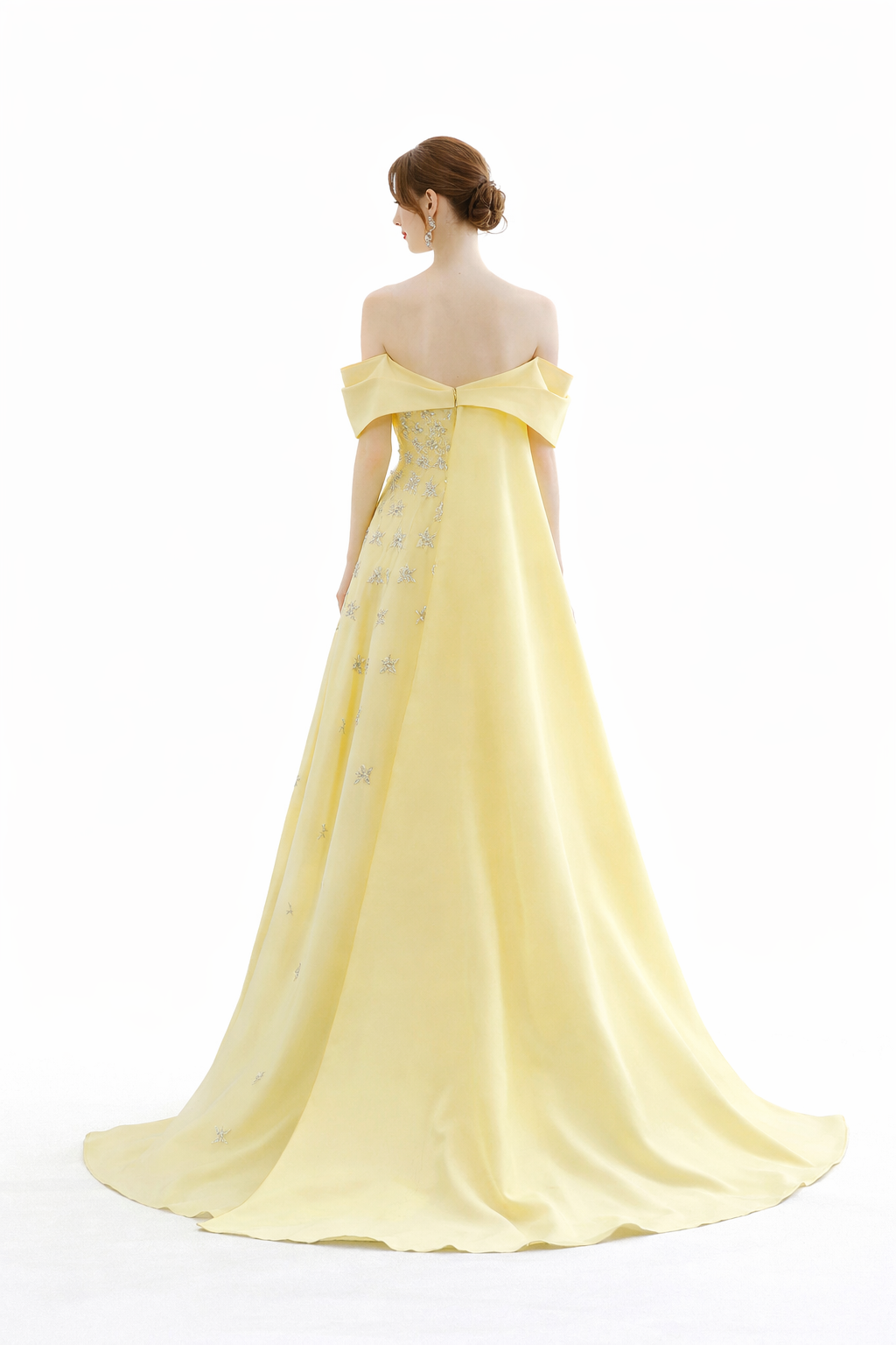 off-shoulder embroidered chiffon gown with cape train – OLIVIA