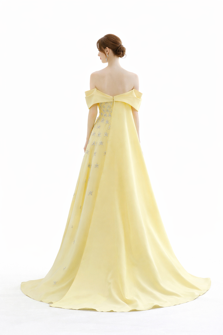 off-shoulder embroidered chiffon gown with cape train – OLIVIA