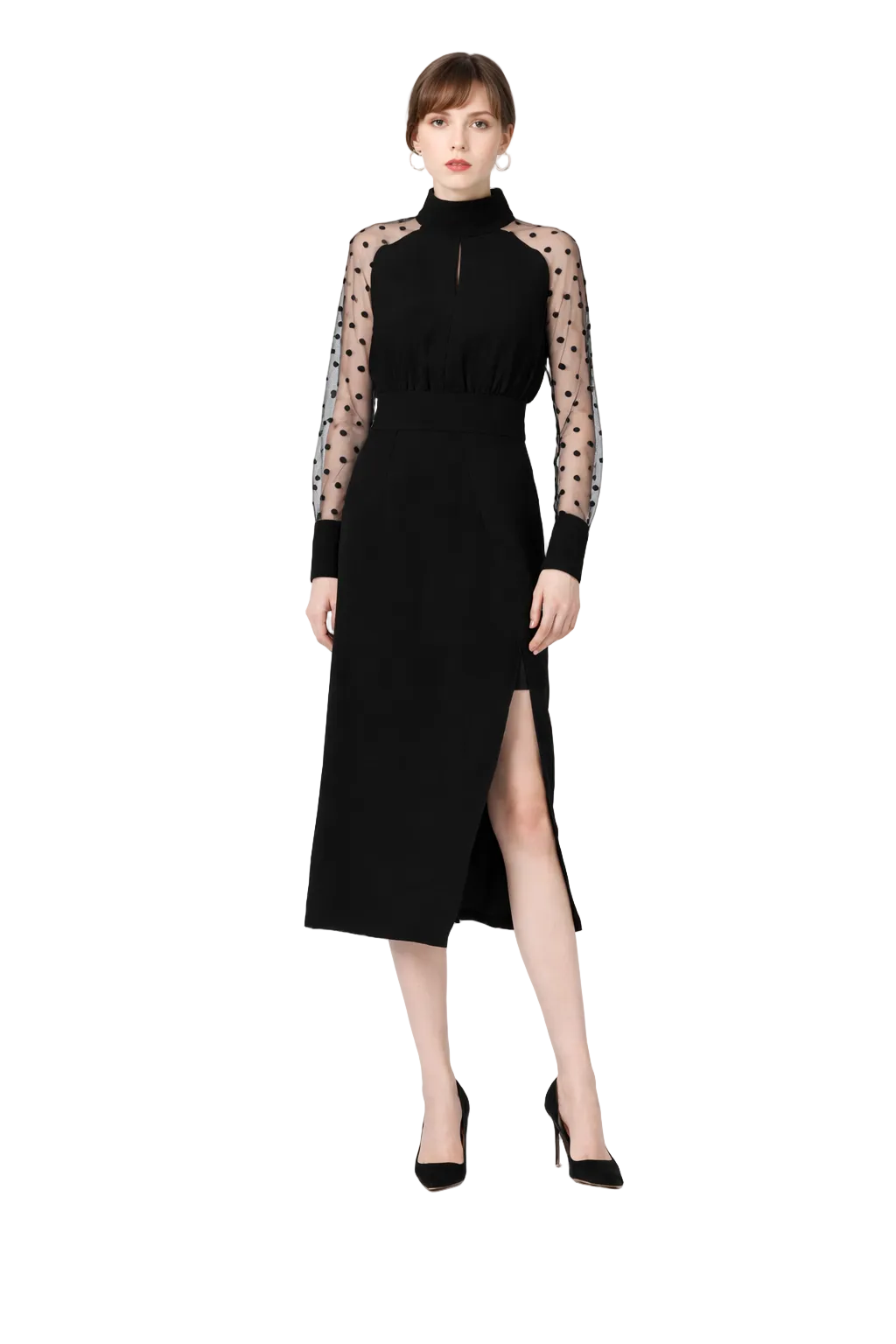 high neck midi dress with polka dot sheer sleeves – NOELLE