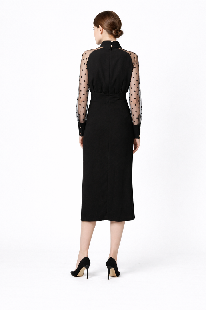 high neck midi dress with polka dot sheer sleeves – NOELLE