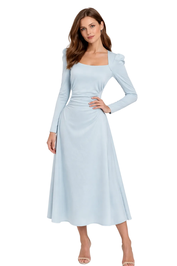 Long-sleeve square-neck midi dress with ruched waist – LUNEA