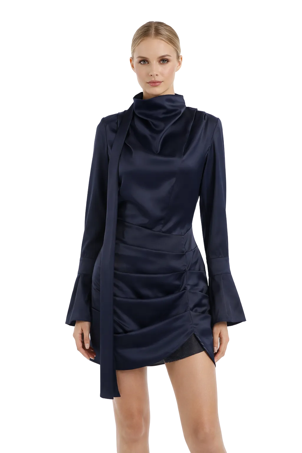 Draped satin mini dress with flared sleeves – NOCTEA
