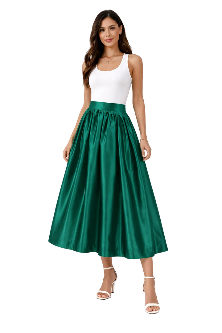High-waist satin midi skirt with gathered waist – EMERALDIA