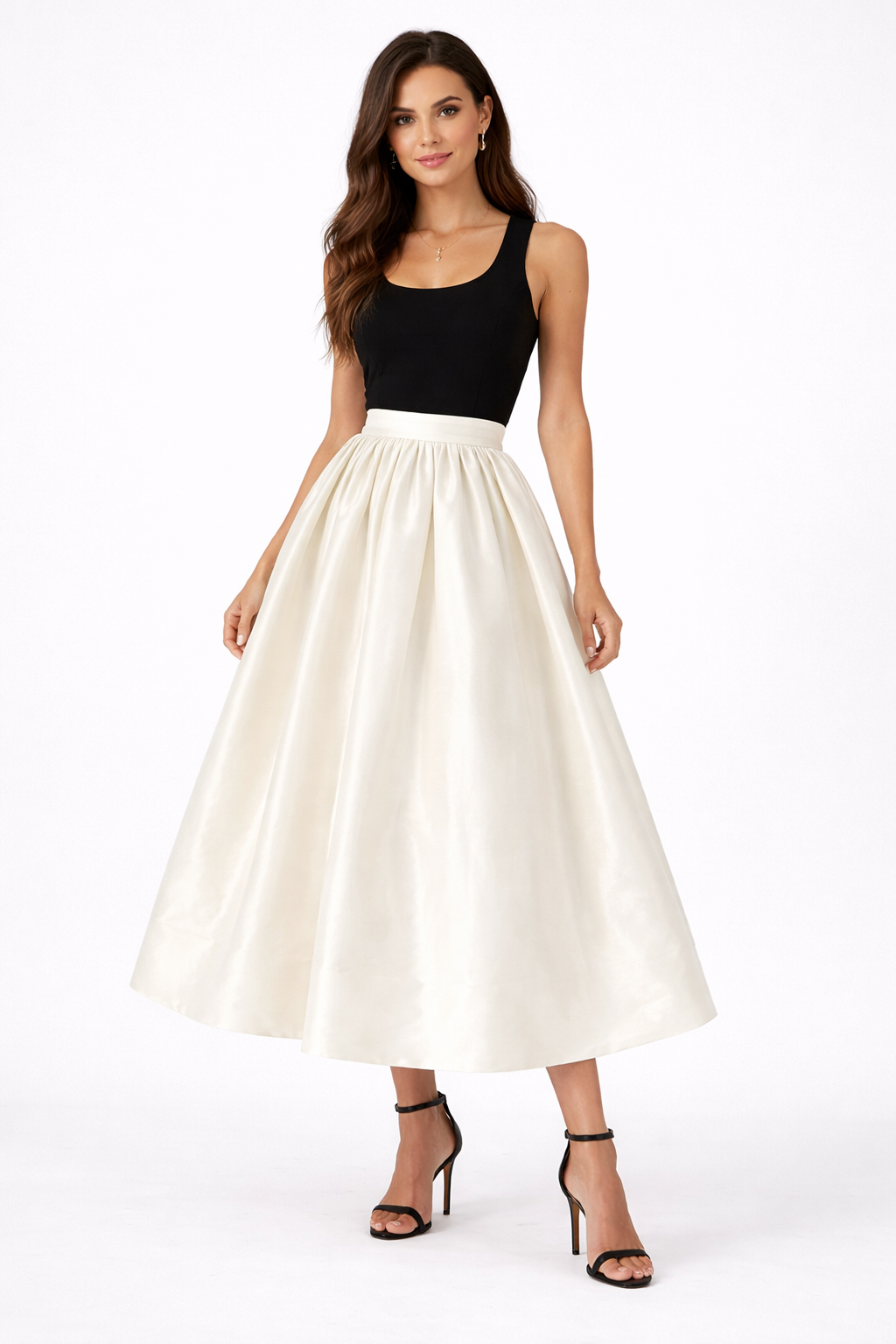High-waist satin midi skirt with gathered waist – EMERALDIA