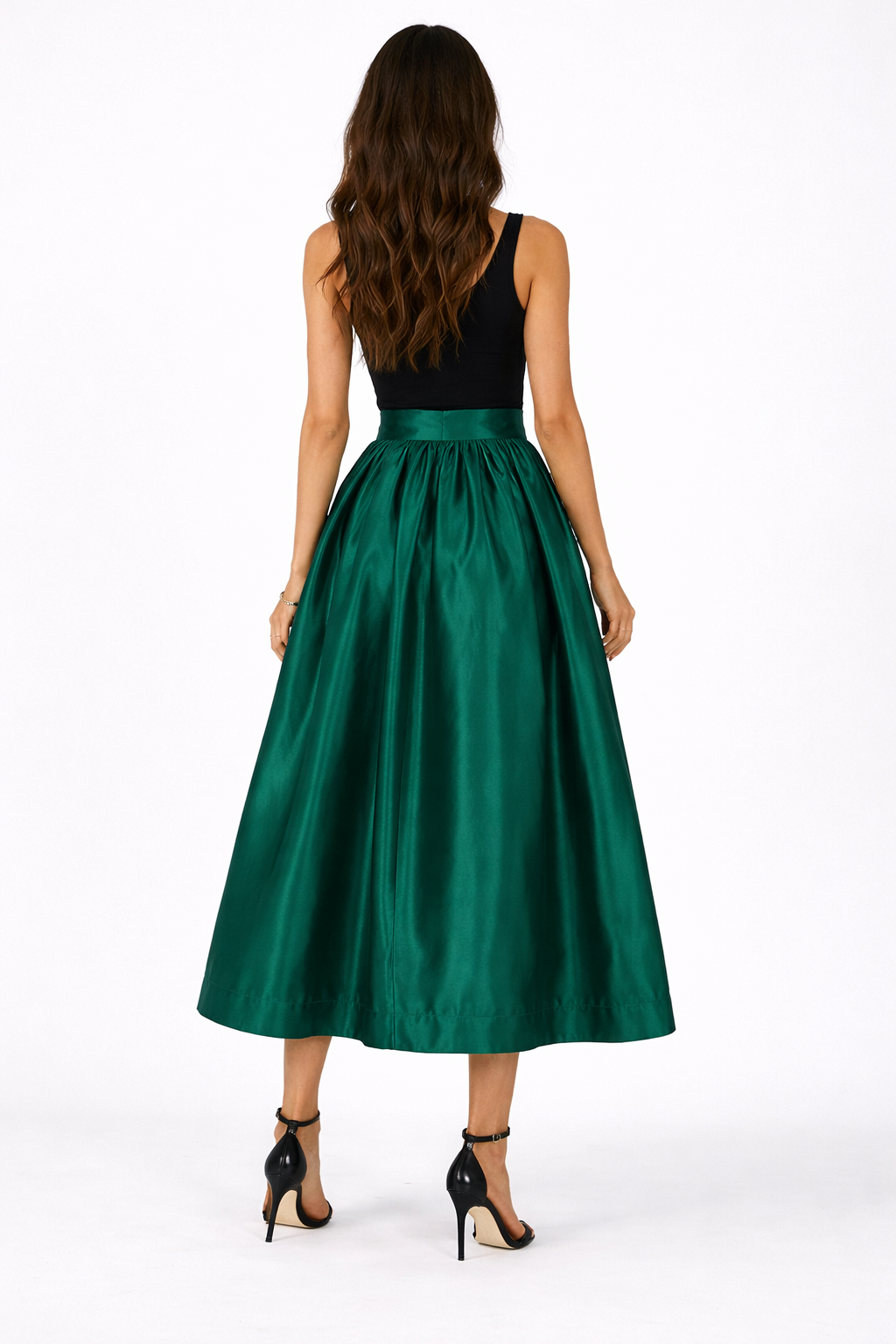 High-waist satin midi skirt with gathered waist – EMERALDIA