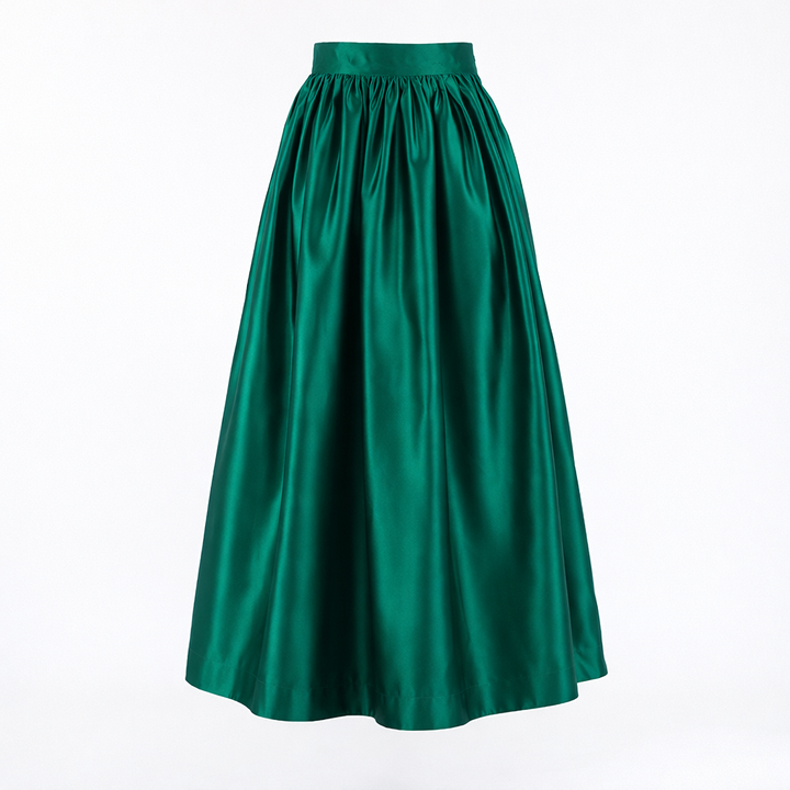 High-waist satin midi skirt with gathered waist – EMERALDIA