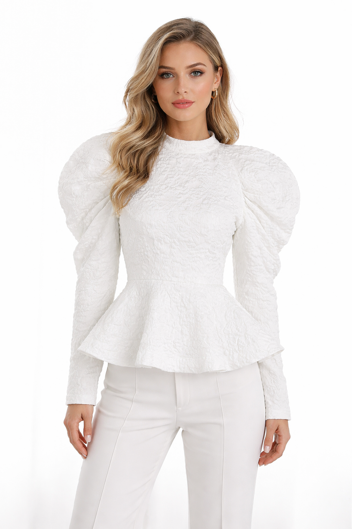 Textured peplum top with puffed sleeves – ELYSIA