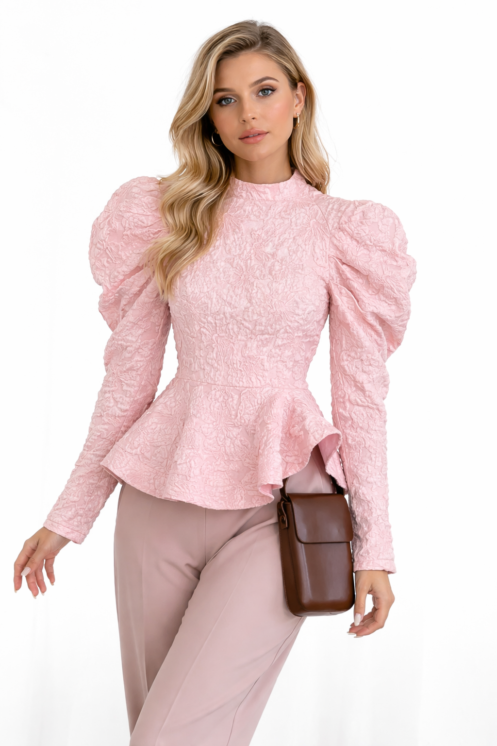 Textured peplum top with puffed sleeves – ELYSIA