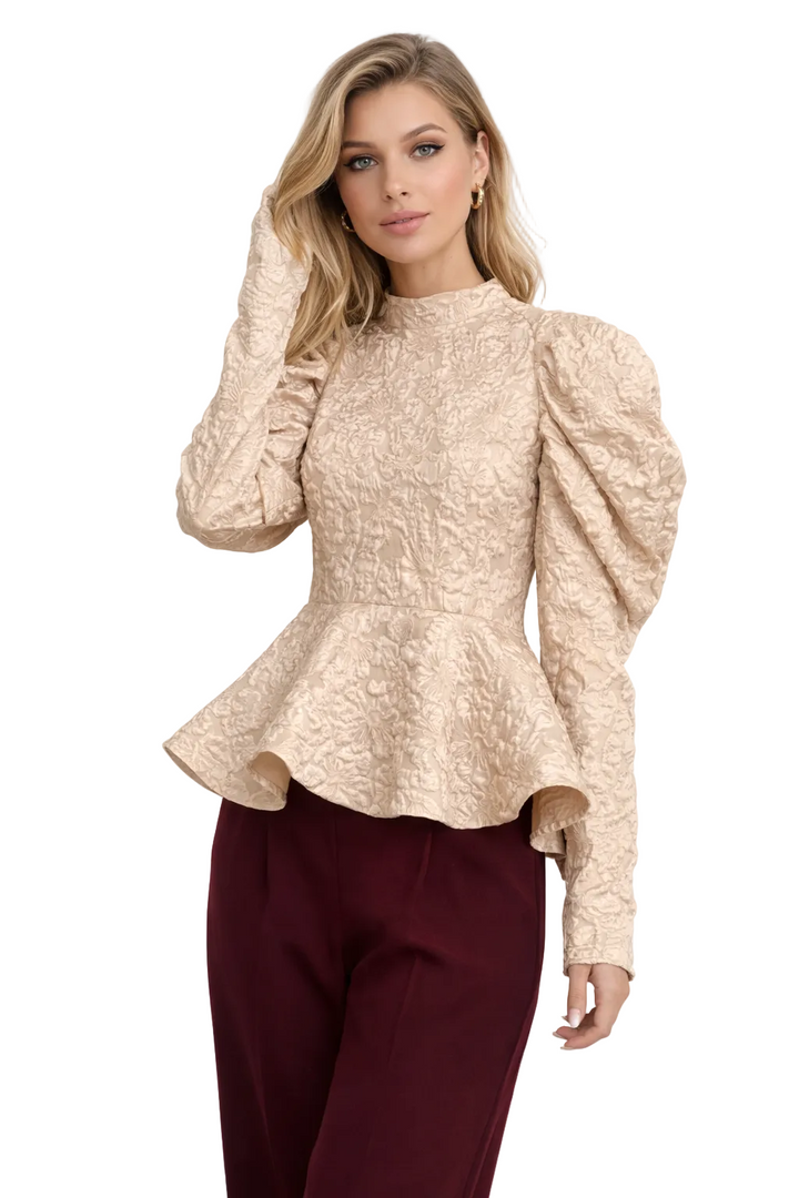 Textured peplum top with puffed sleeves – ELYSIA
