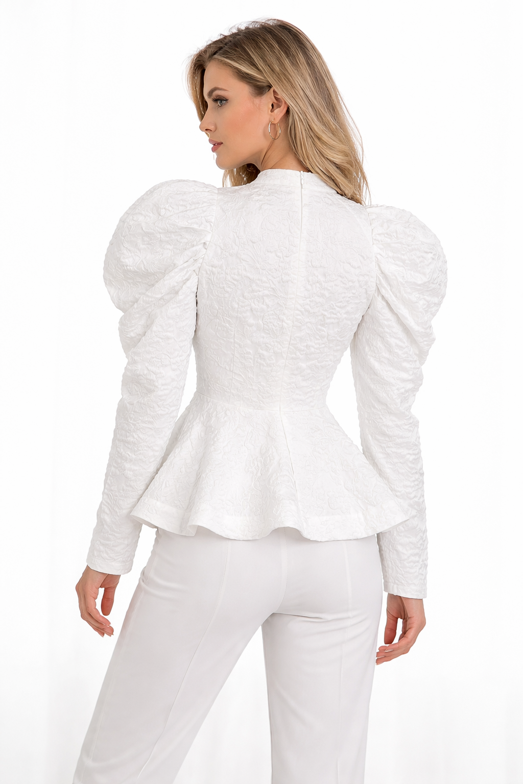 Textured peplum top with puffed sleeves – ELYSIA