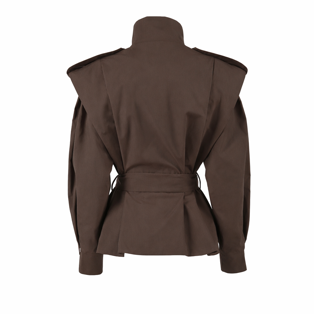 Belted structured jacket with shoulder overlay – VESPERA