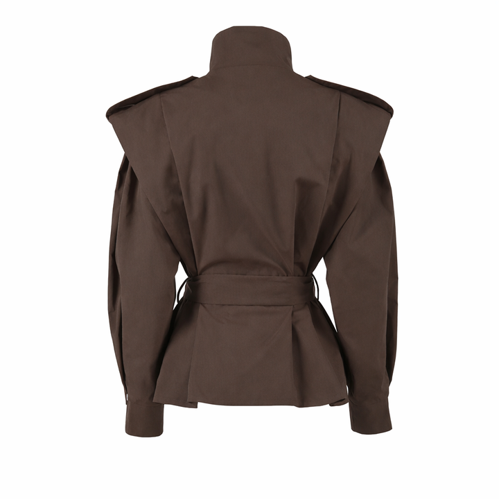 Belted structured jacket with shoulder overlay – VESPERA