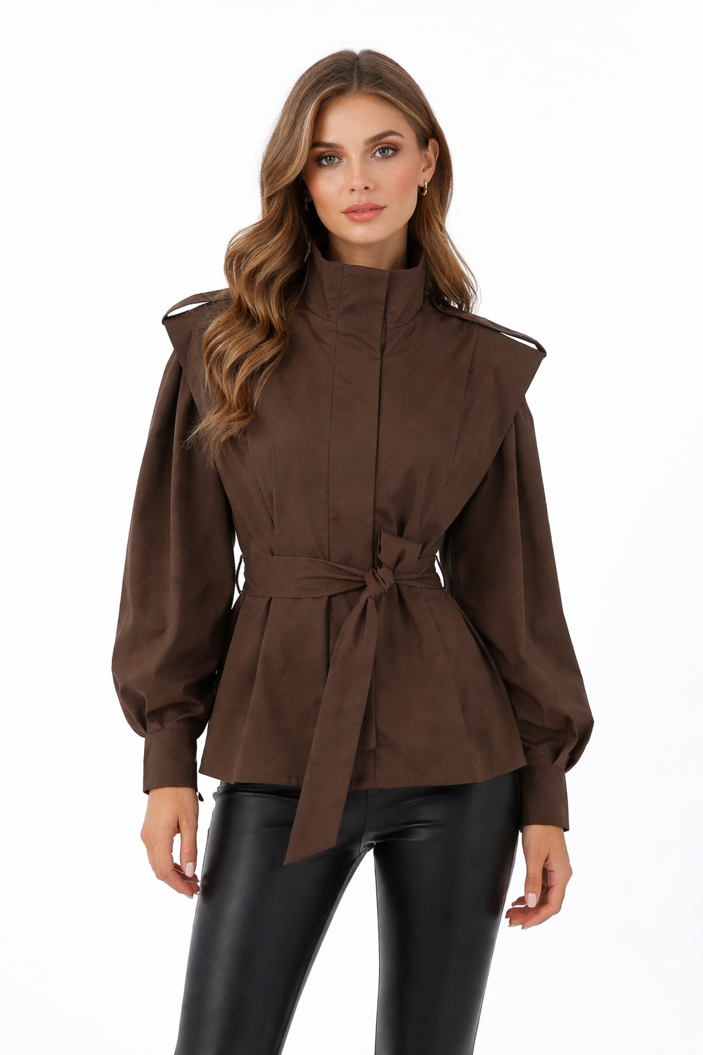 Belted structured jacket with shoulder overlay – VESPERA