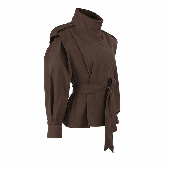 Belted structured jacket with shoulder overlay – VESPERA