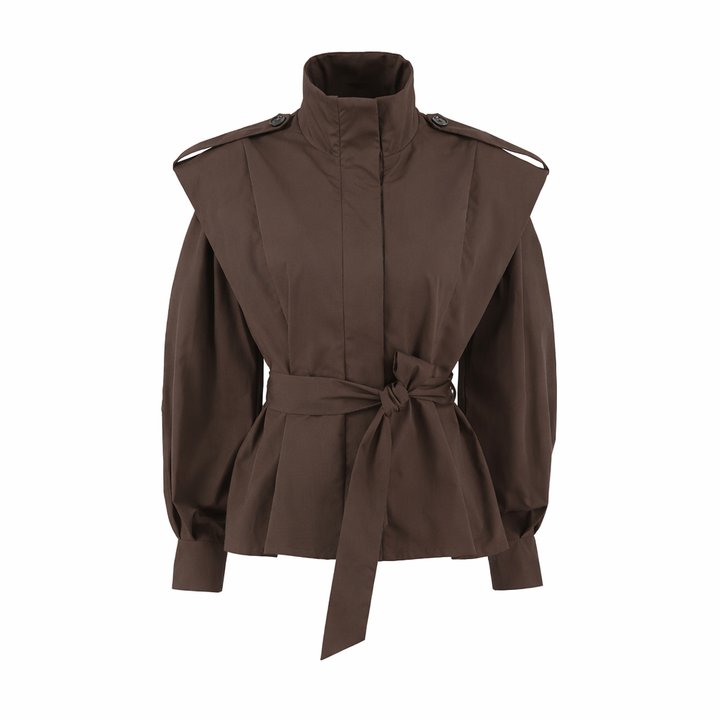 Belted structured jacket with shoulder overlay – VESPERA