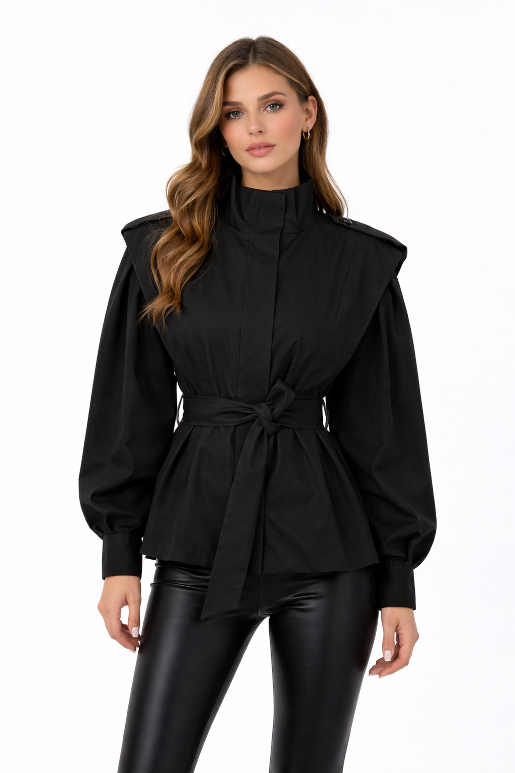 Belted structured jacket with shoulder overlay – VESPERA