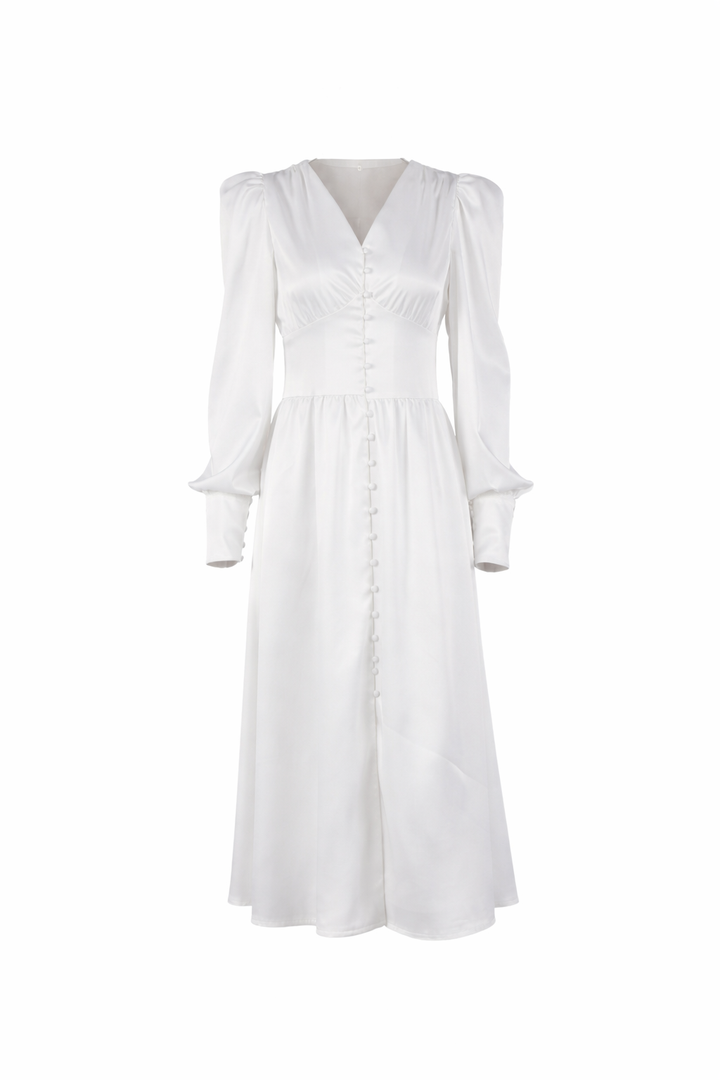 Satin button-front midi dress with puff sleeves – VELVENA
