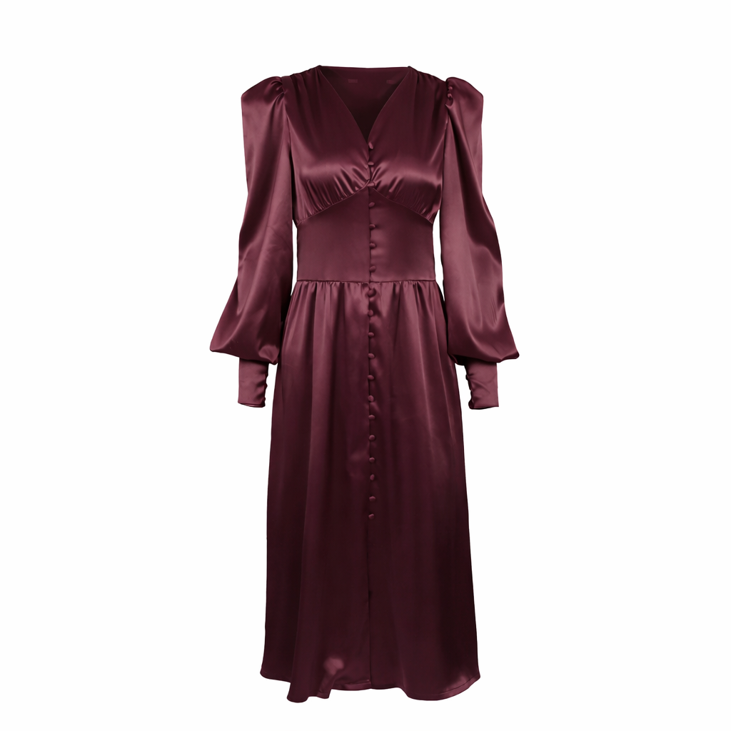 Satin button-front midi dress with puff sleeves – VELVENA