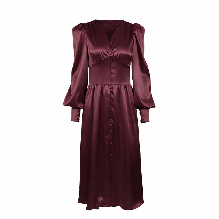 Satin button-front midi dress with puff sleeves – VELVENA
