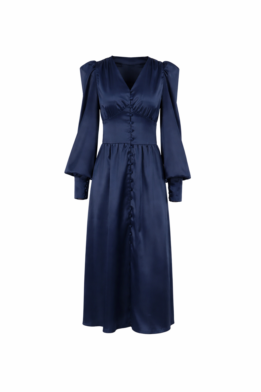 Satin button-front midi dress with puff sleeves – VELVENA
