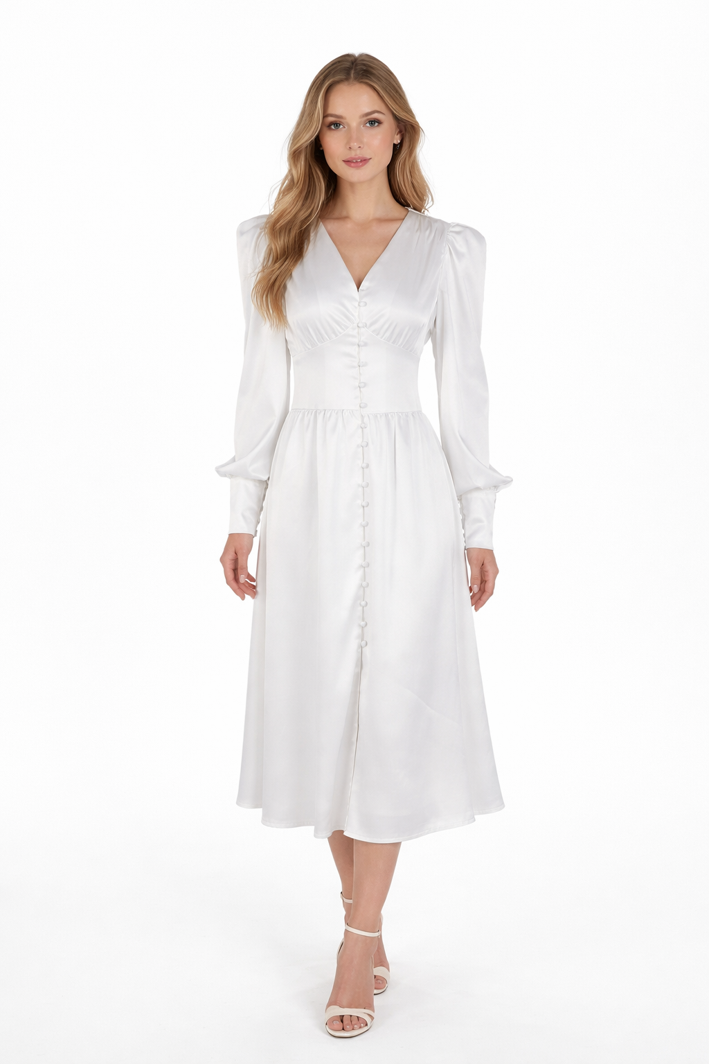 Satin button-front midi dress with puff sleeves – VELVENA