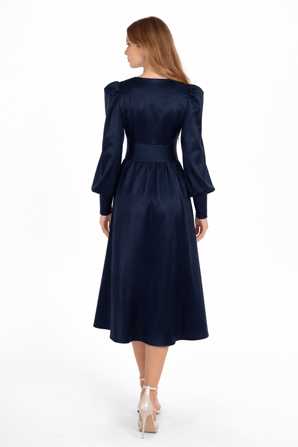 Satin button-front midi dress with puff sleeves – VELVENA