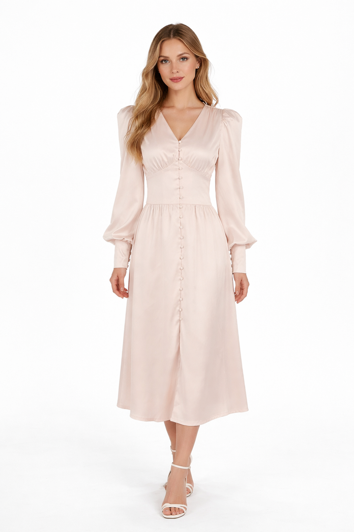Satin button-front midi dress with puff sleeves – VELVENA