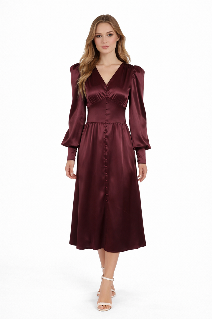 Satin button-front midi dress with puff sleeves – VELVENA