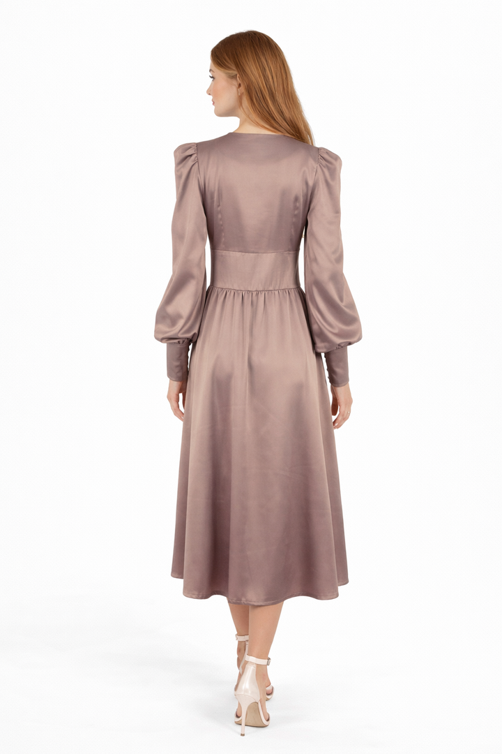 Satin button-front midi dress with puff sleeves – VELVENA