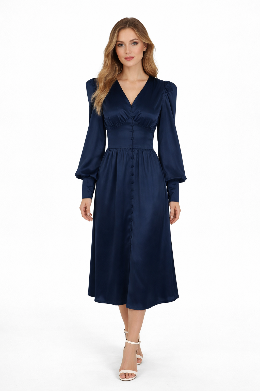 Satin button-front midi dress with puff sleeves – VELVENA