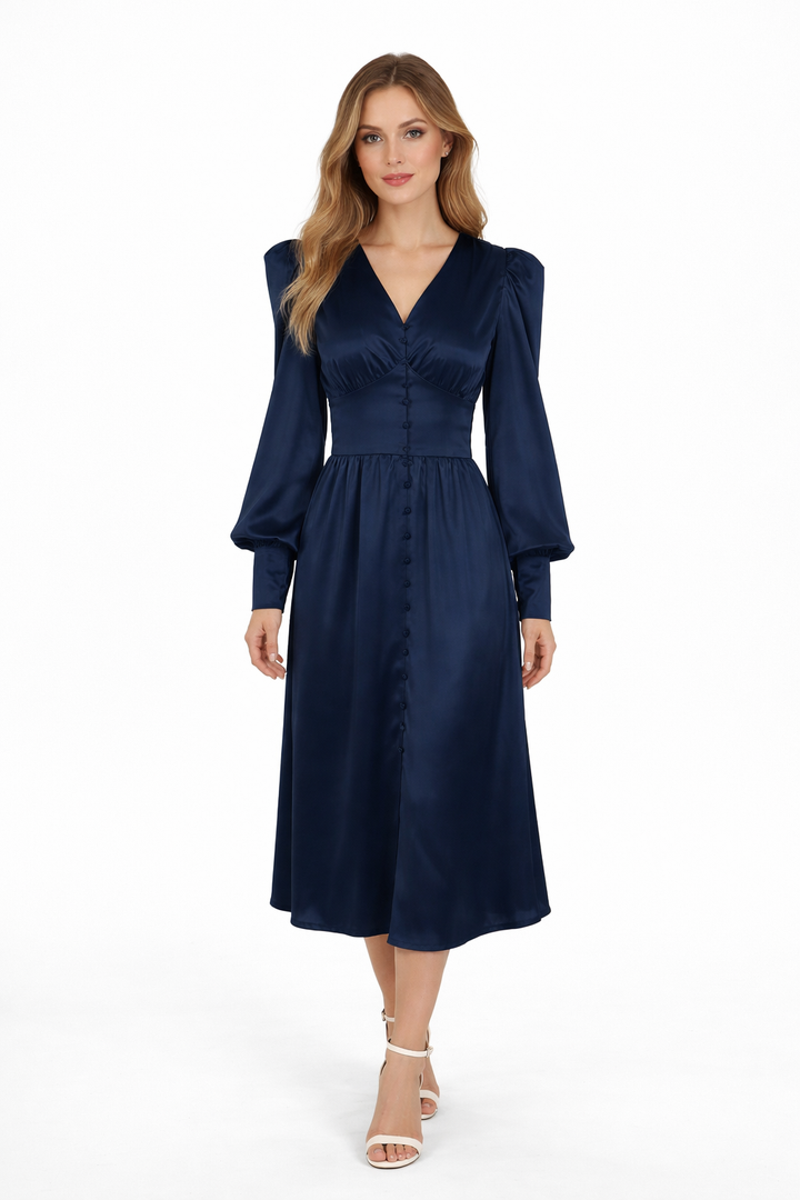 Satin button-front midi dress with puff sleeves – VELVENA