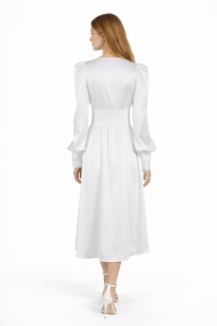 Satin button-front midi dress with puff sleeves – VELVENA