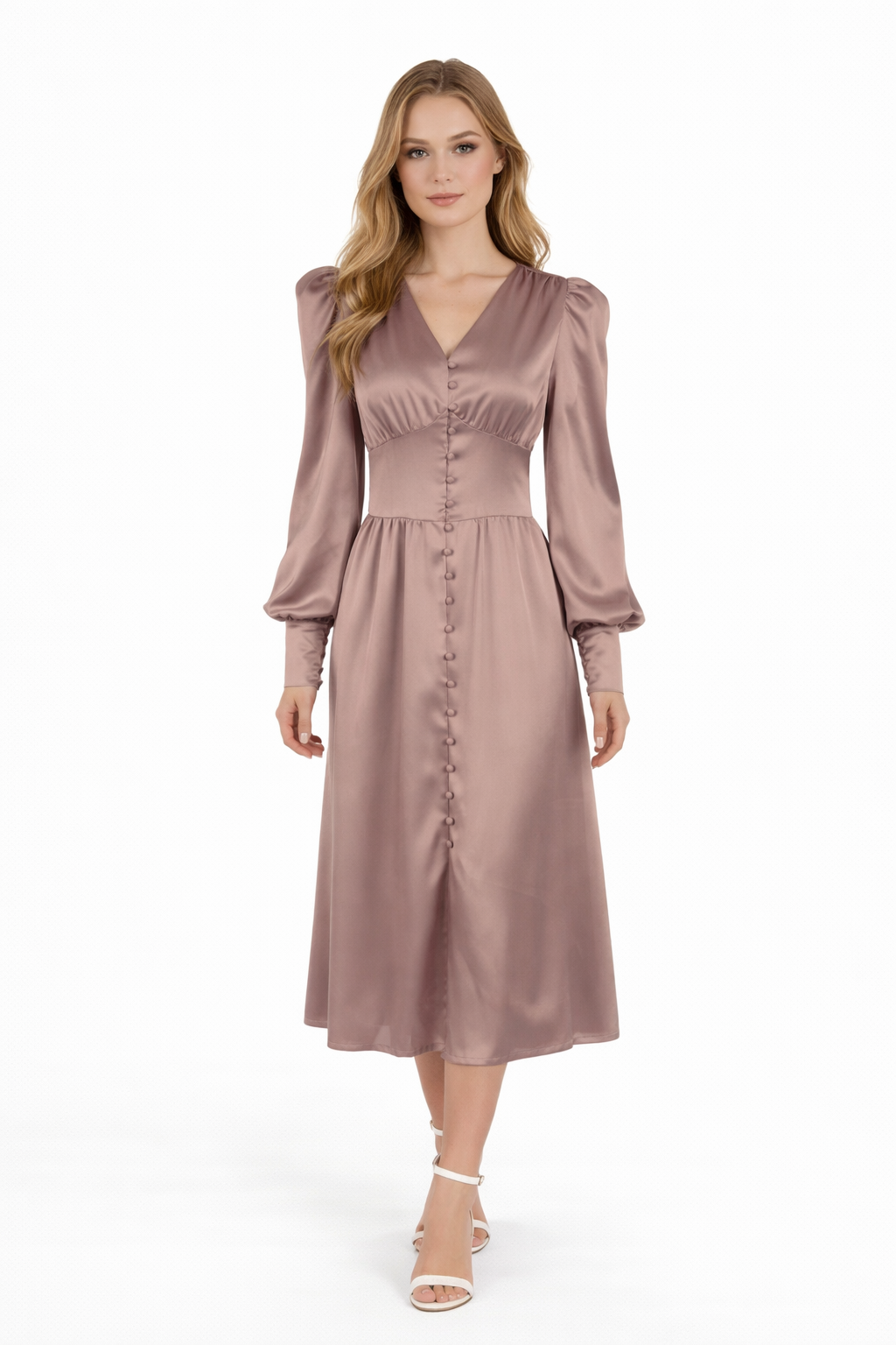 Satin button-front midi dress with puff sleeves – VELVENA