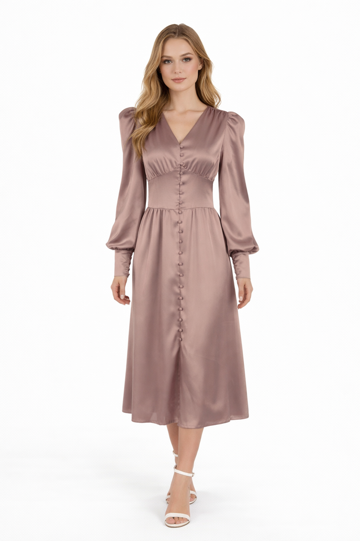 Satin button-front midi dress with puff sleeves – VELVENA