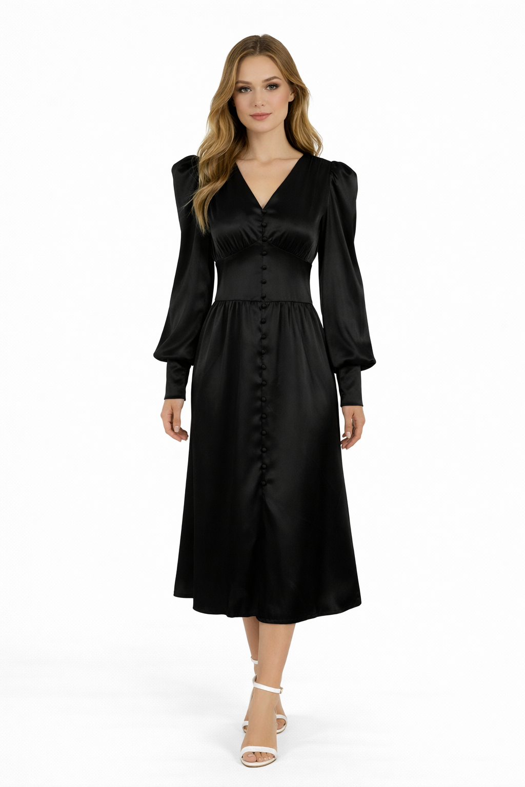 Satin button-front midi dress with puff sleeves – VELVENA