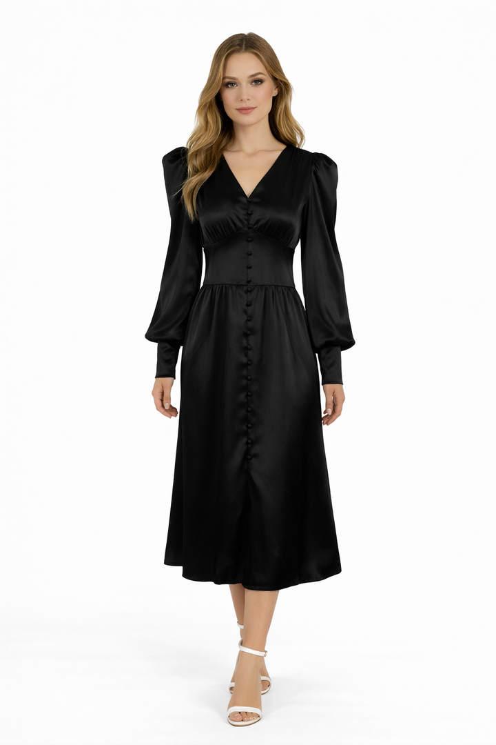 Satin button-front midi dress with puff sleeves – VELVENA