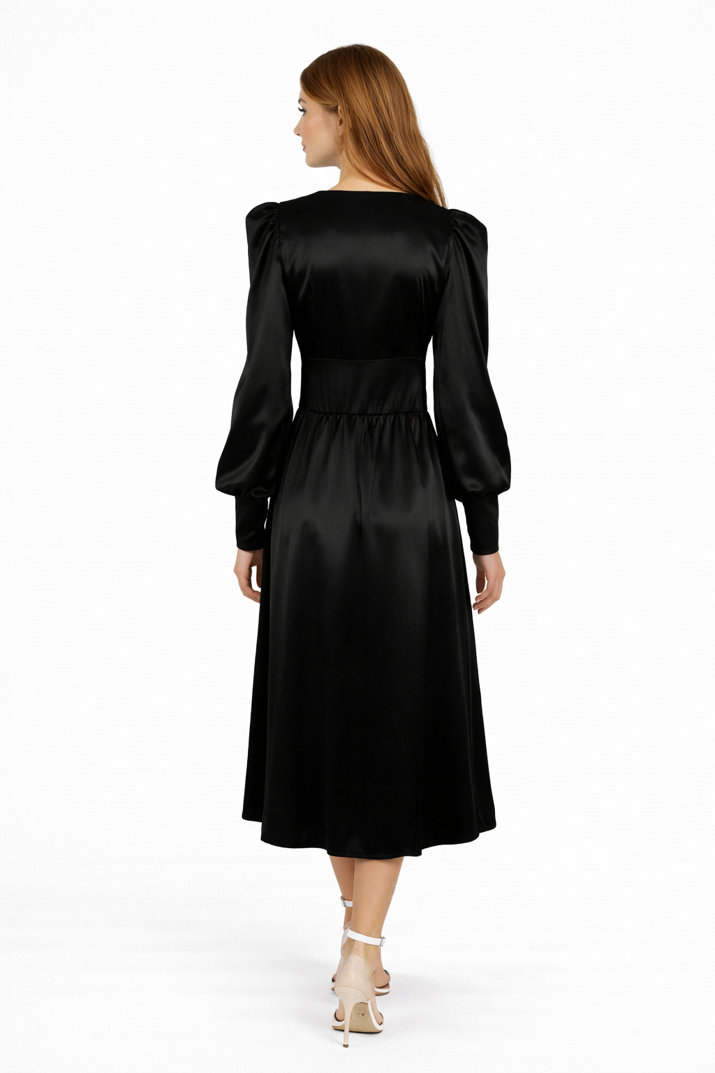 Satin button-front midi dress with puff sleeves – VELVENA