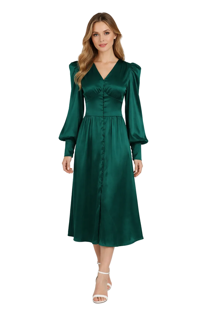 Satin button-front midi dress with puff sleeves – VELVENA
