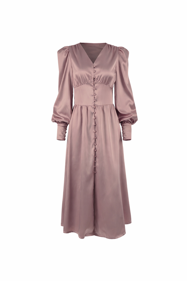 Satin button-front midi dress with puff sleeves – VELVENA