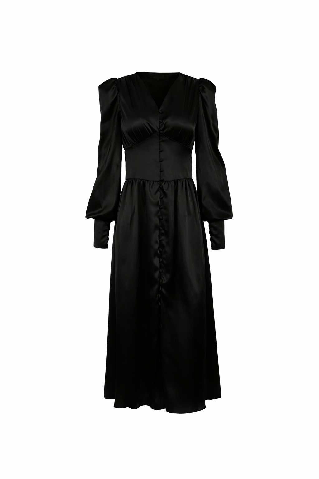 Satin button-front midi dress with puff sleeves – VELVENA