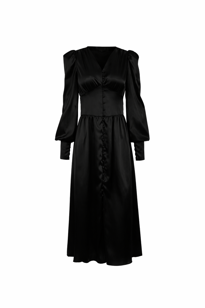 Satin button-front midi dress with puff sleeves – VELVENA