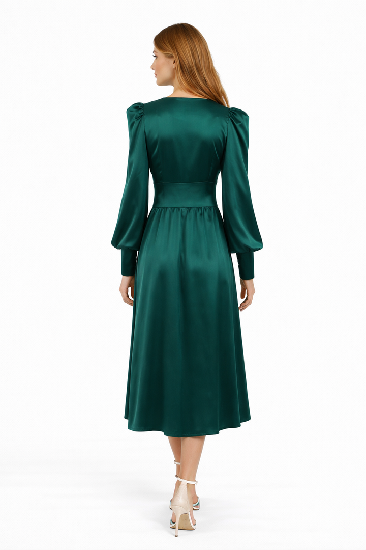 Satin button-front midi dress with puff sleeves – VELVENA