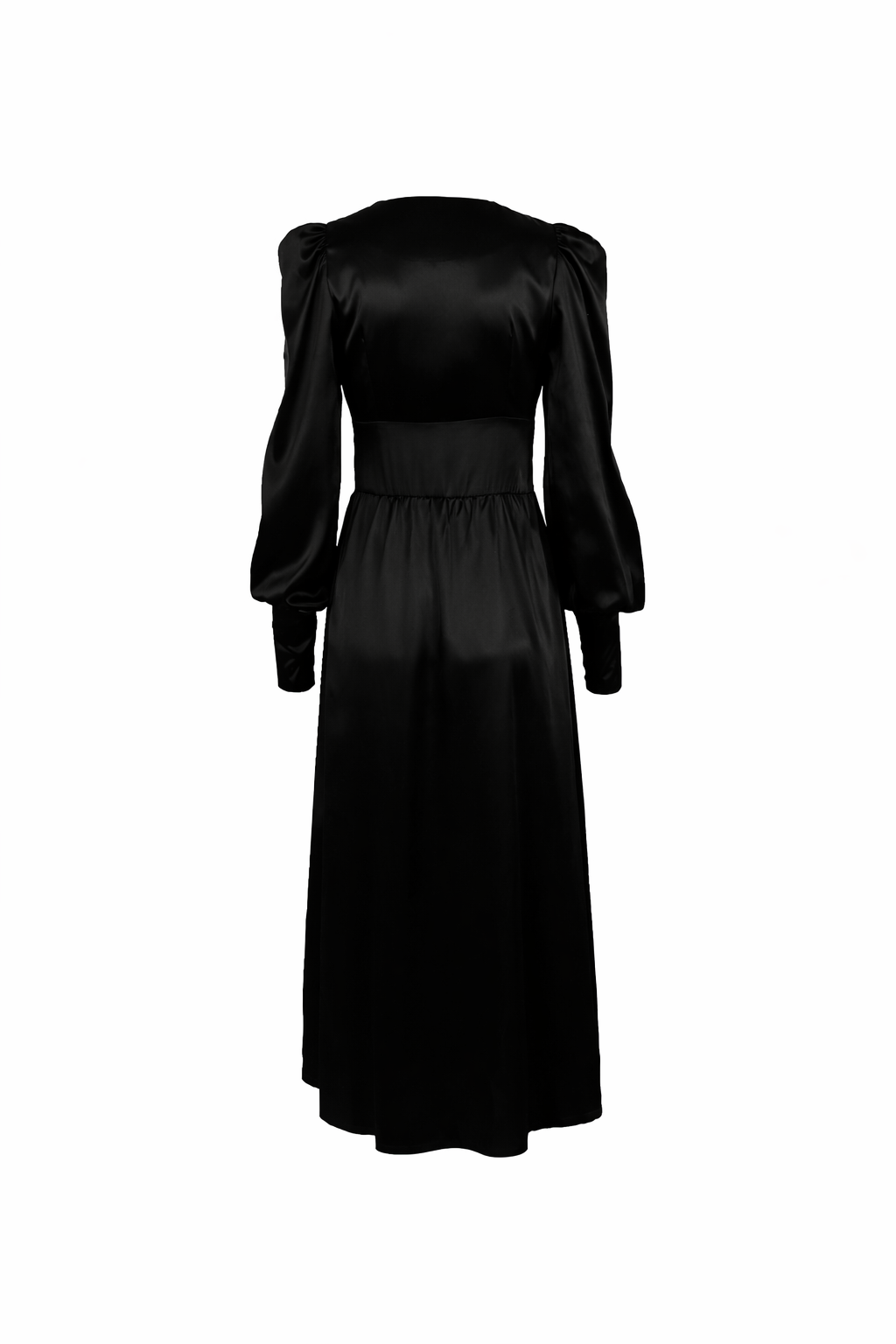 Satin button-front midi dress with puff sleeves – VELVENA