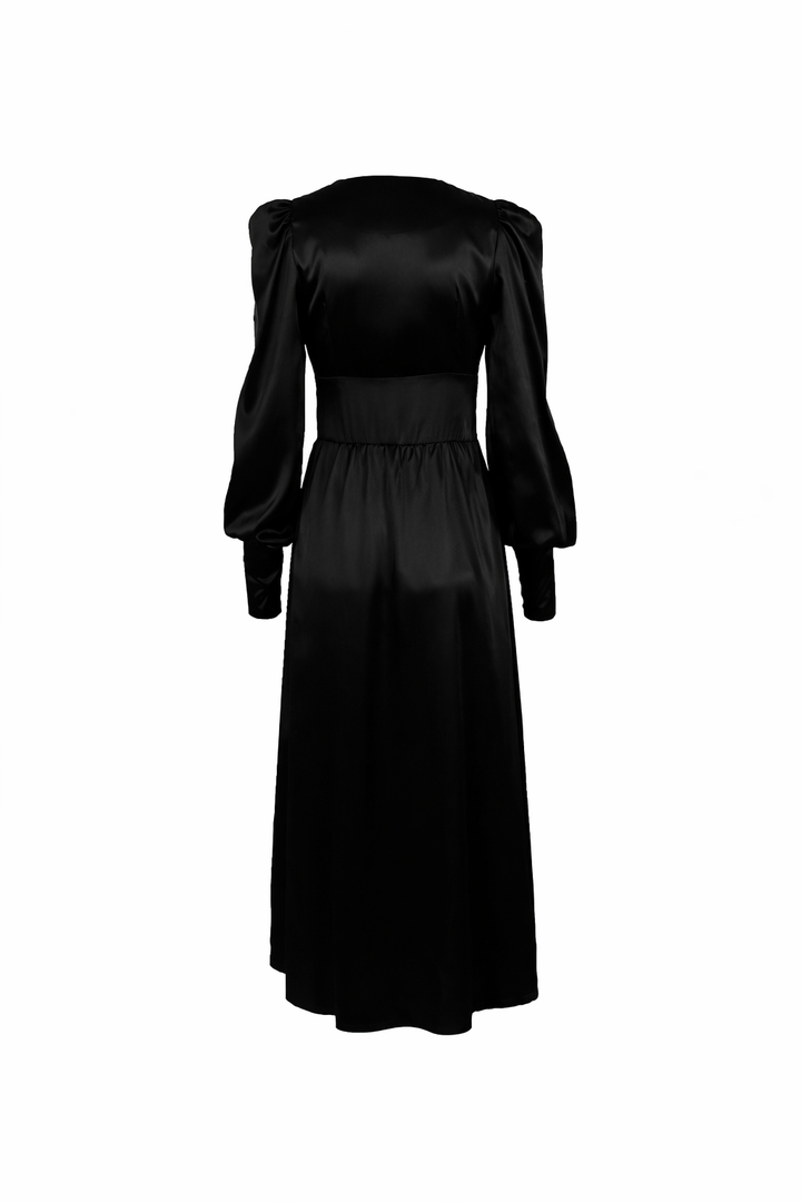 Satin button-front midi dress with puff sleeves – VELVENA
