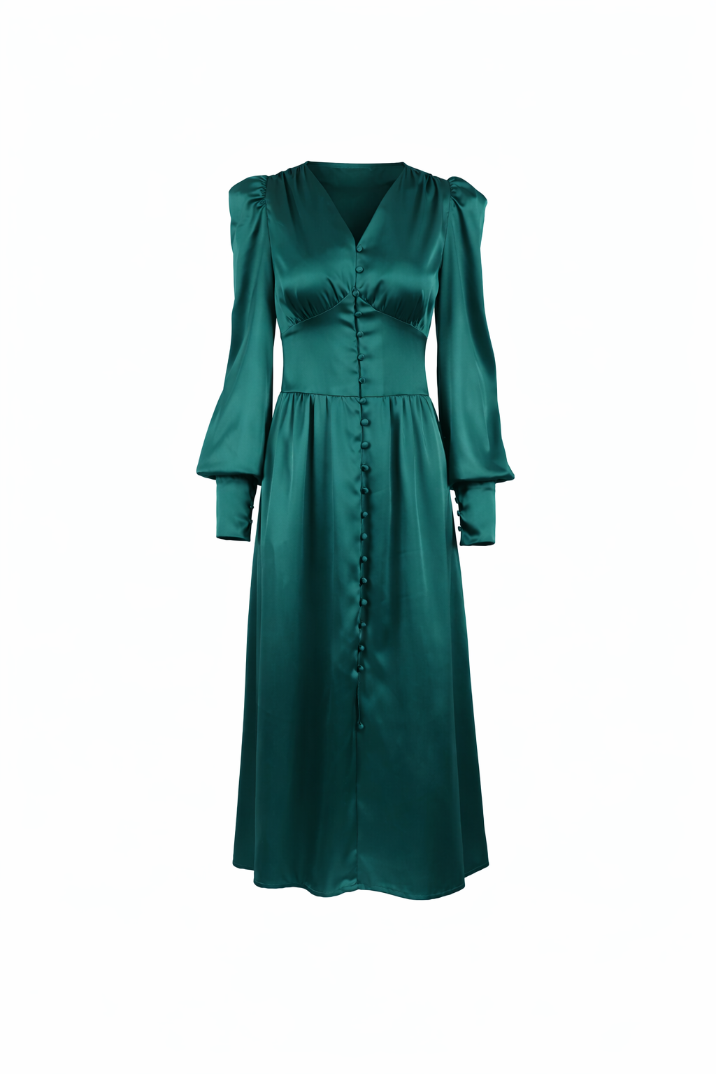Satin button-front midi dress with puff sleeves – VELVENA