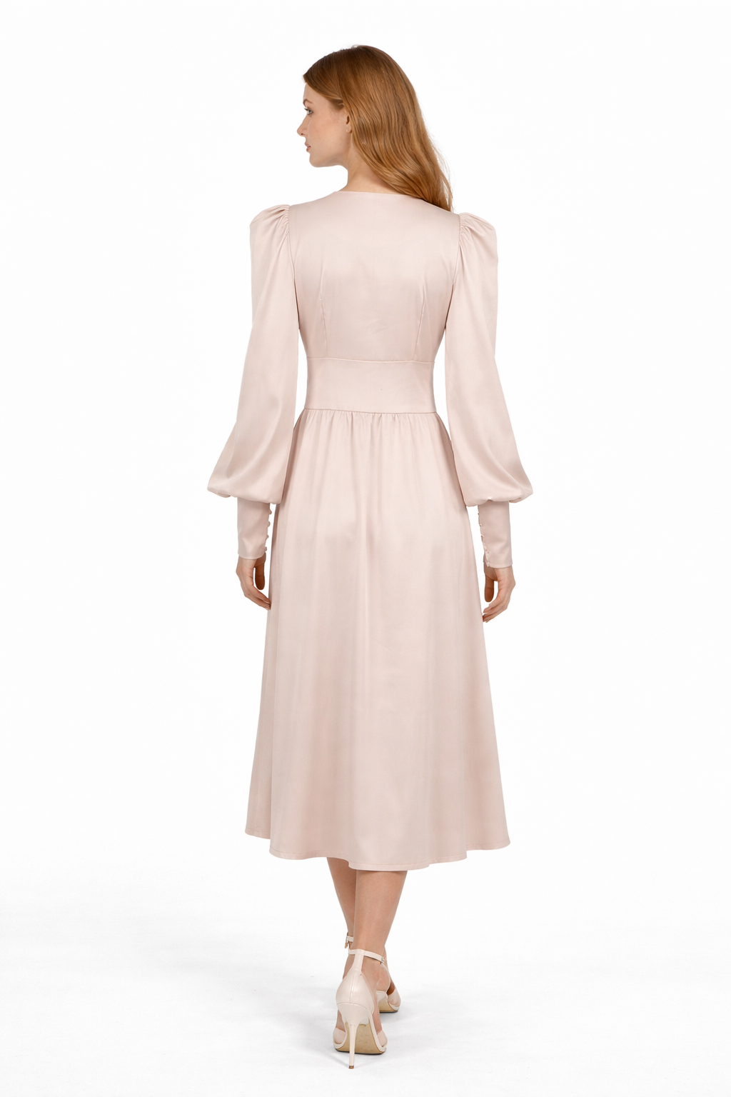 Satin button-front midi dress with puff sleeves – VELVENA