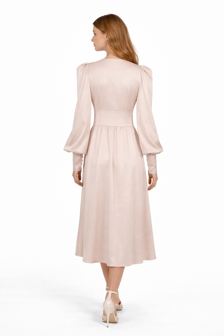 Satin button-front midi dress with puff sleeves – VELVENA