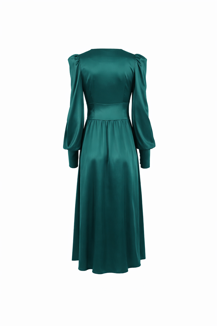 Satin button-front midi dress with puff sleeves – VELVENA